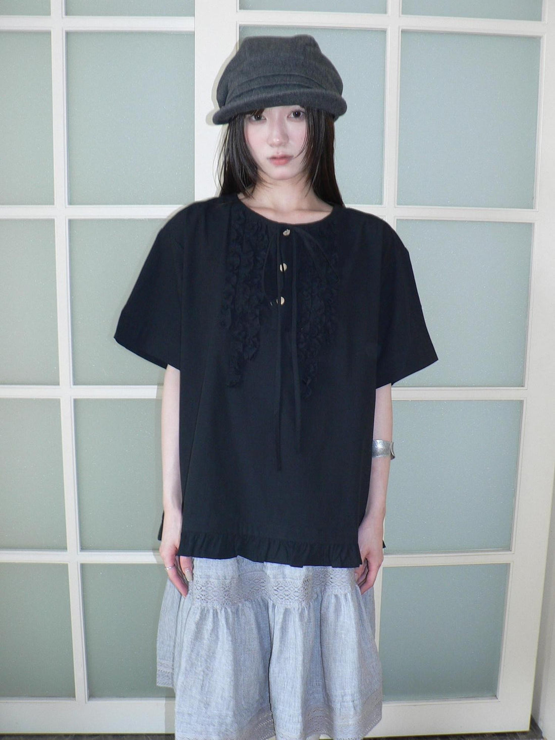 ang project Ruffle Trim Tie Button Pleated Solid Women&