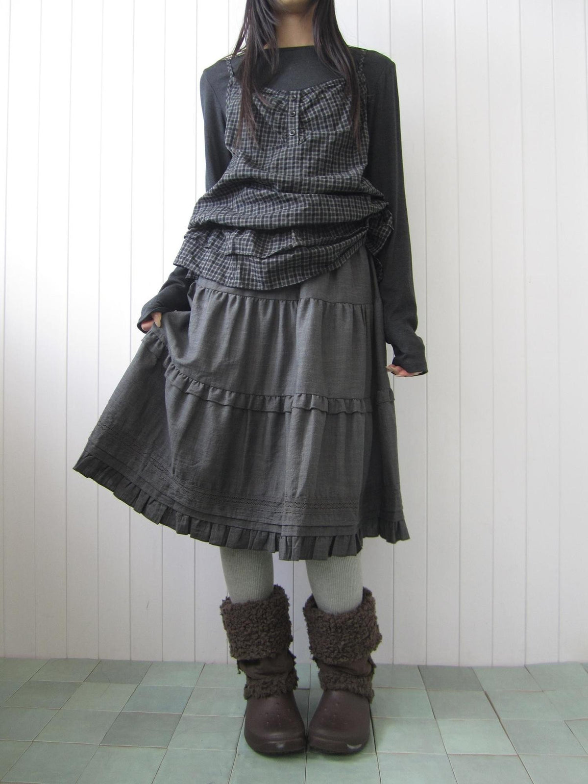 ang project Ruffled Lace Paneled Elastic Waist A Line Women&