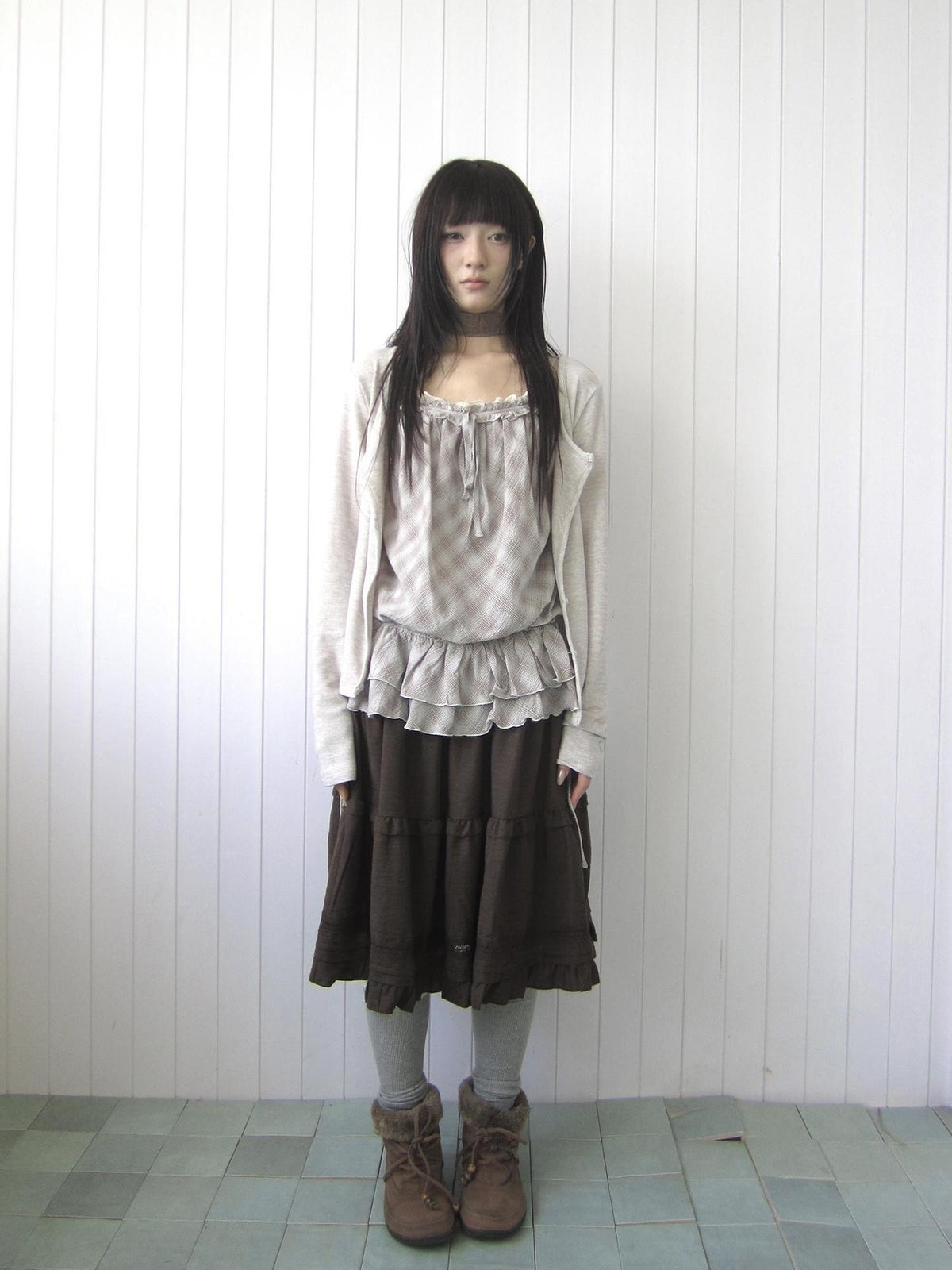 ang project Ruffled Lace Paneled Elastic Waist A Line Women&