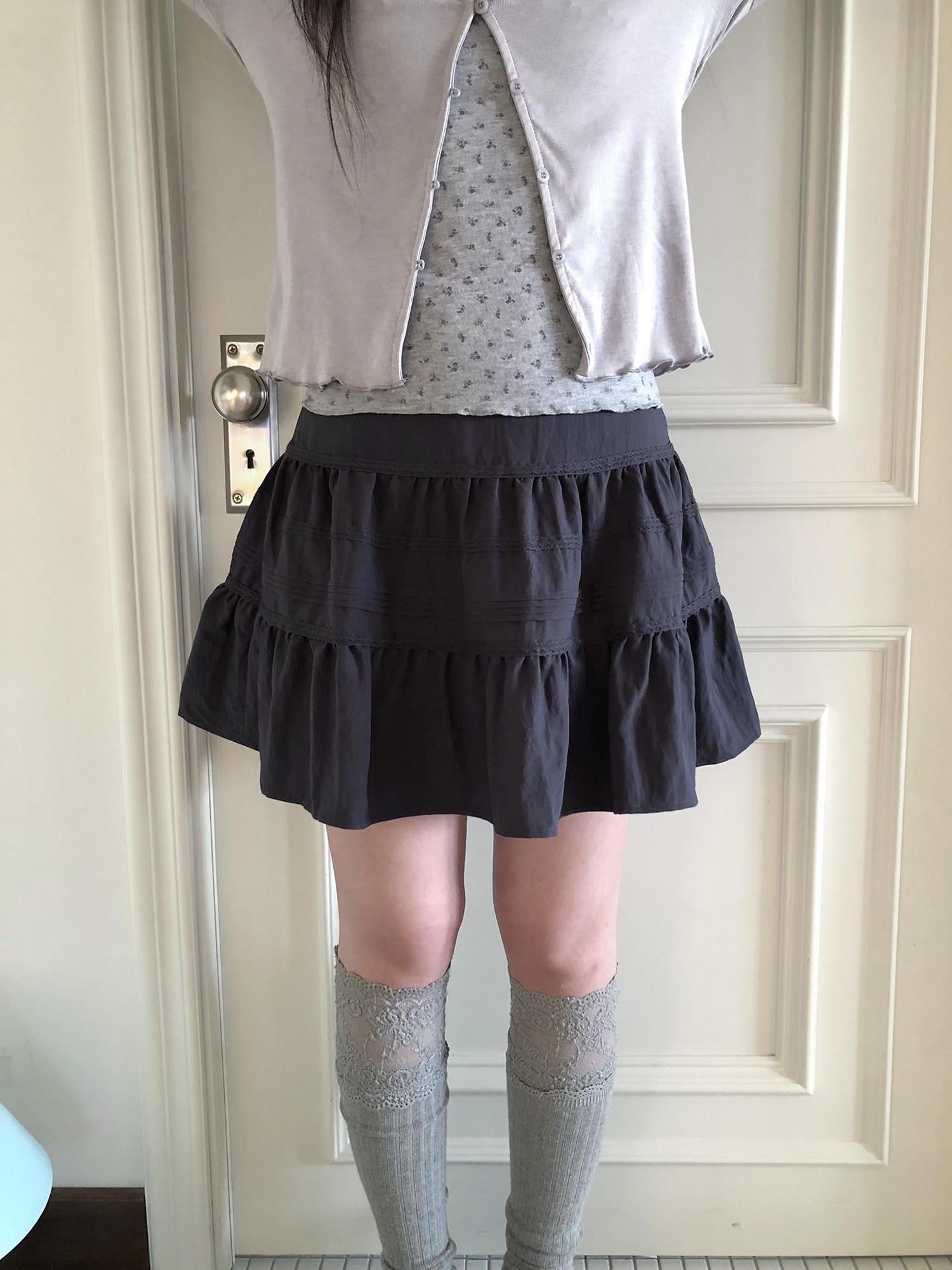 ang project Ruffled Lace Spliced Pleated High Waist Women&