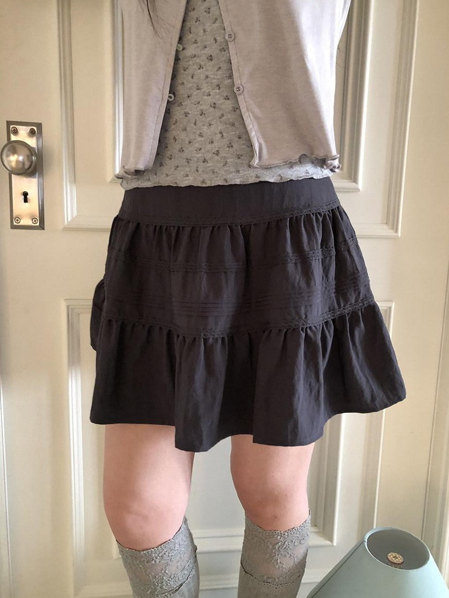 ang project Ruffled Lace Spliced Pleated High Waist Women&