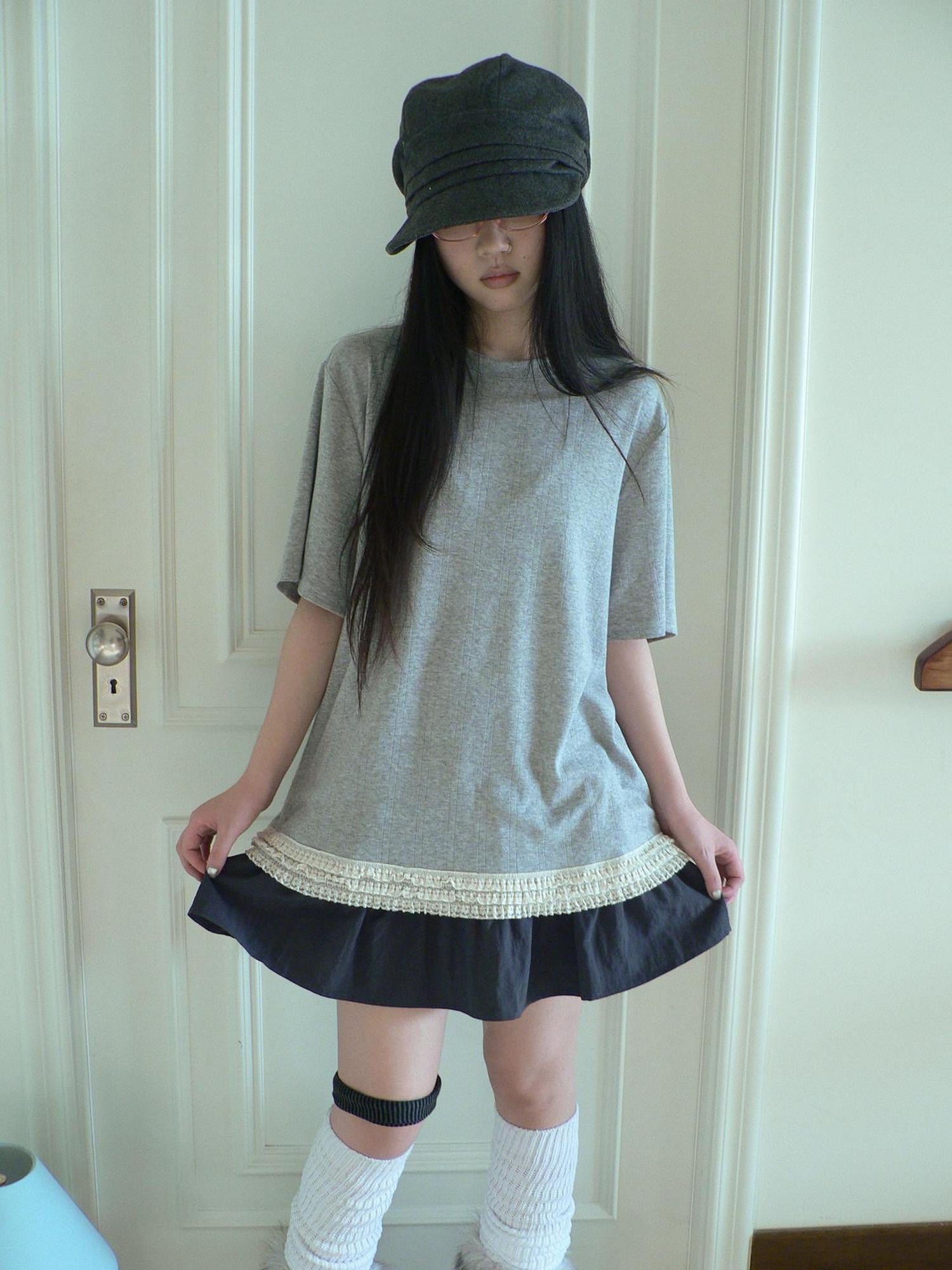 ang project Ruffled Lace Spliced Pleated High Waist Women&
