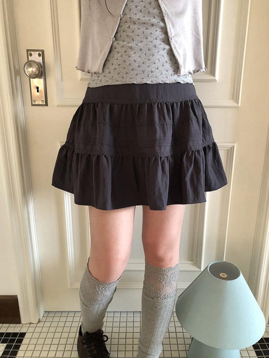 ang project Ruffled Lace Spliced Pleated High Waist Women&
