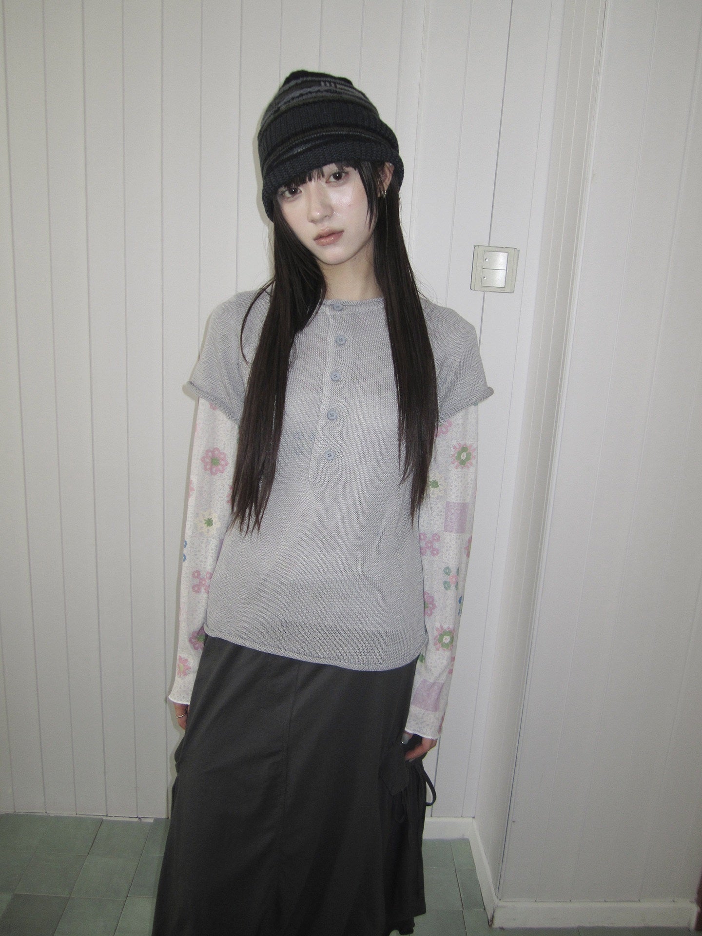 ang_project_Semi_Sheer_Openwork_Cutout_Half_Button_Short_Sleeve_Women&