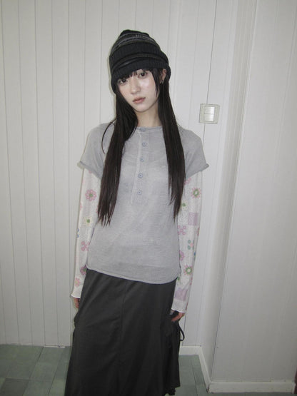 ang project Semi Sheer Openwork Cutout Half Button Short Sleeve Women&