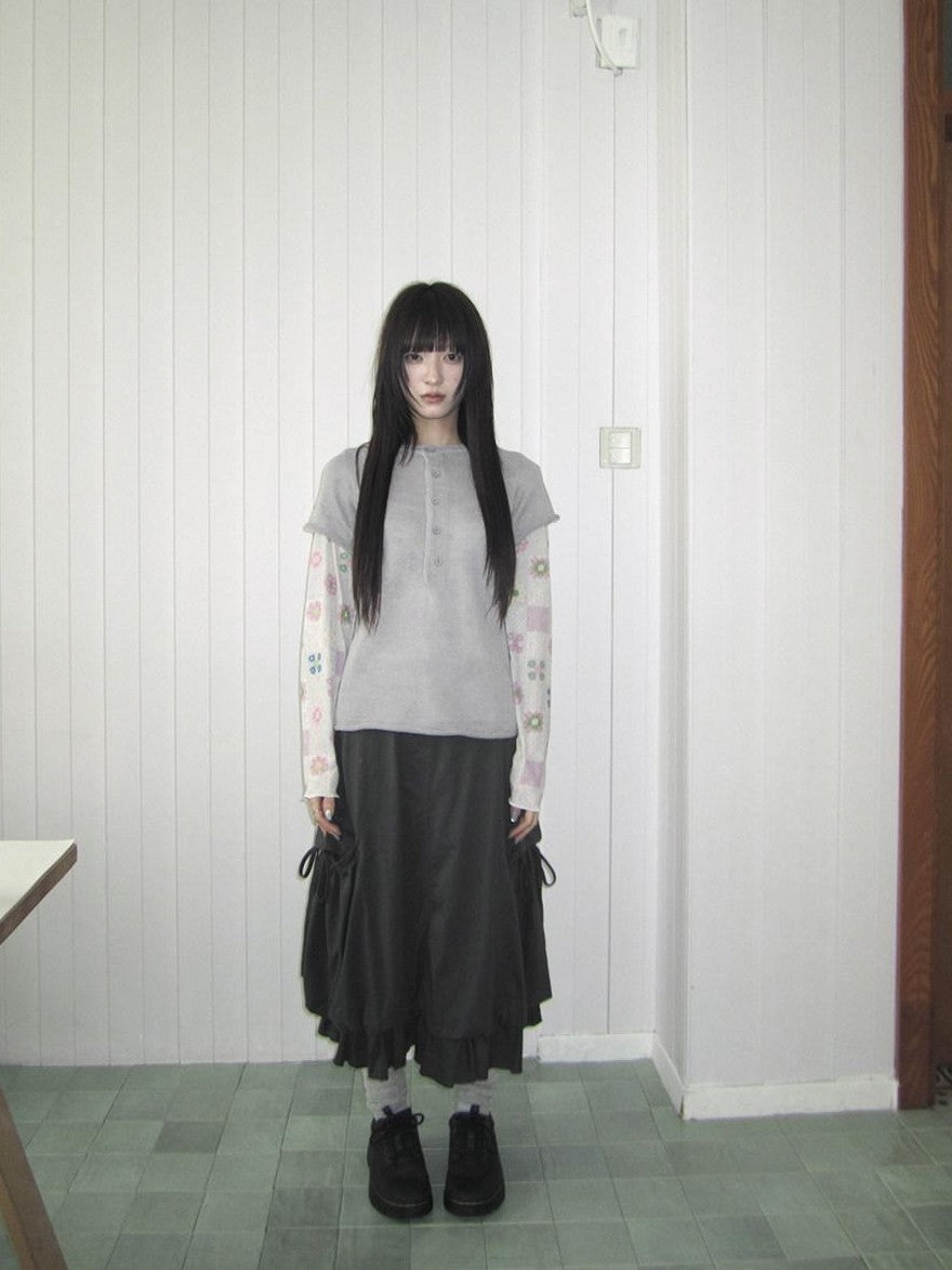 ang project Semi Sheer Openwork Cutout Half Button Short Sleeve Women&