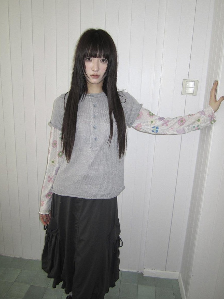 ang project Semi Sheer Openwork Cutout Half Button Short Sleeve Women&