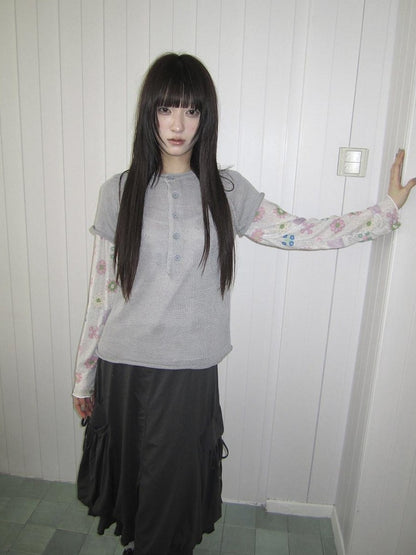 ang project Semi Sheer Openwork Cutout Half Button Short Sleeve Women&