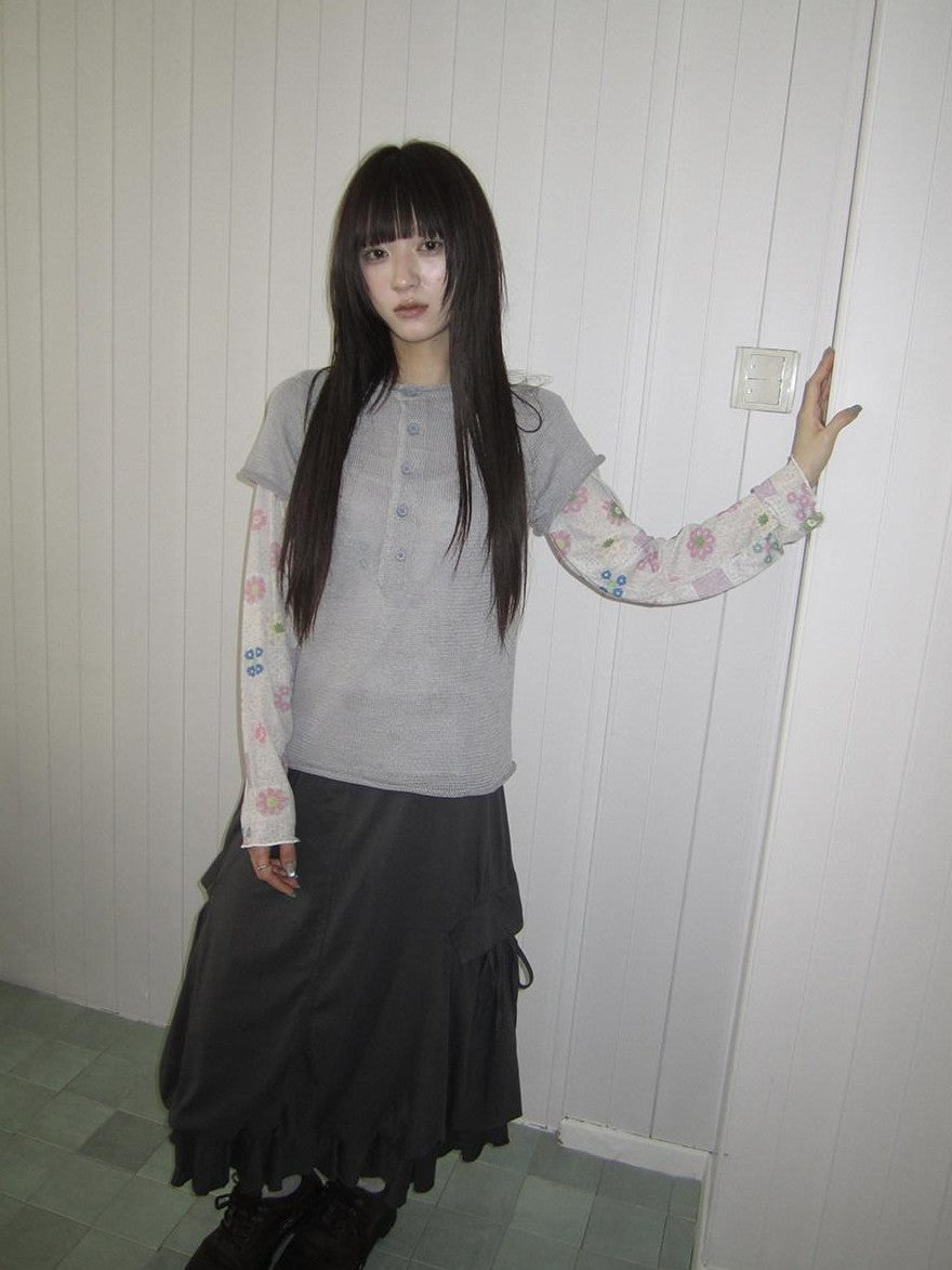ang project Semi Sheer Openwork Cutout Half Button Short Sleeve Women&