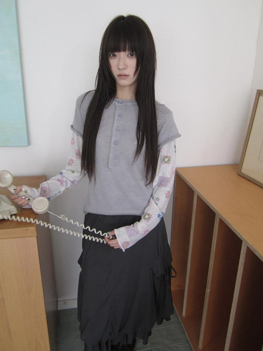 ang project Semi Sheer Openwork Cutout Half Button Short Sleeve Women&