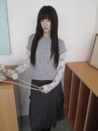 ang project Semi Sheer Openwork Cutout Half Button Short Sleeve Women&