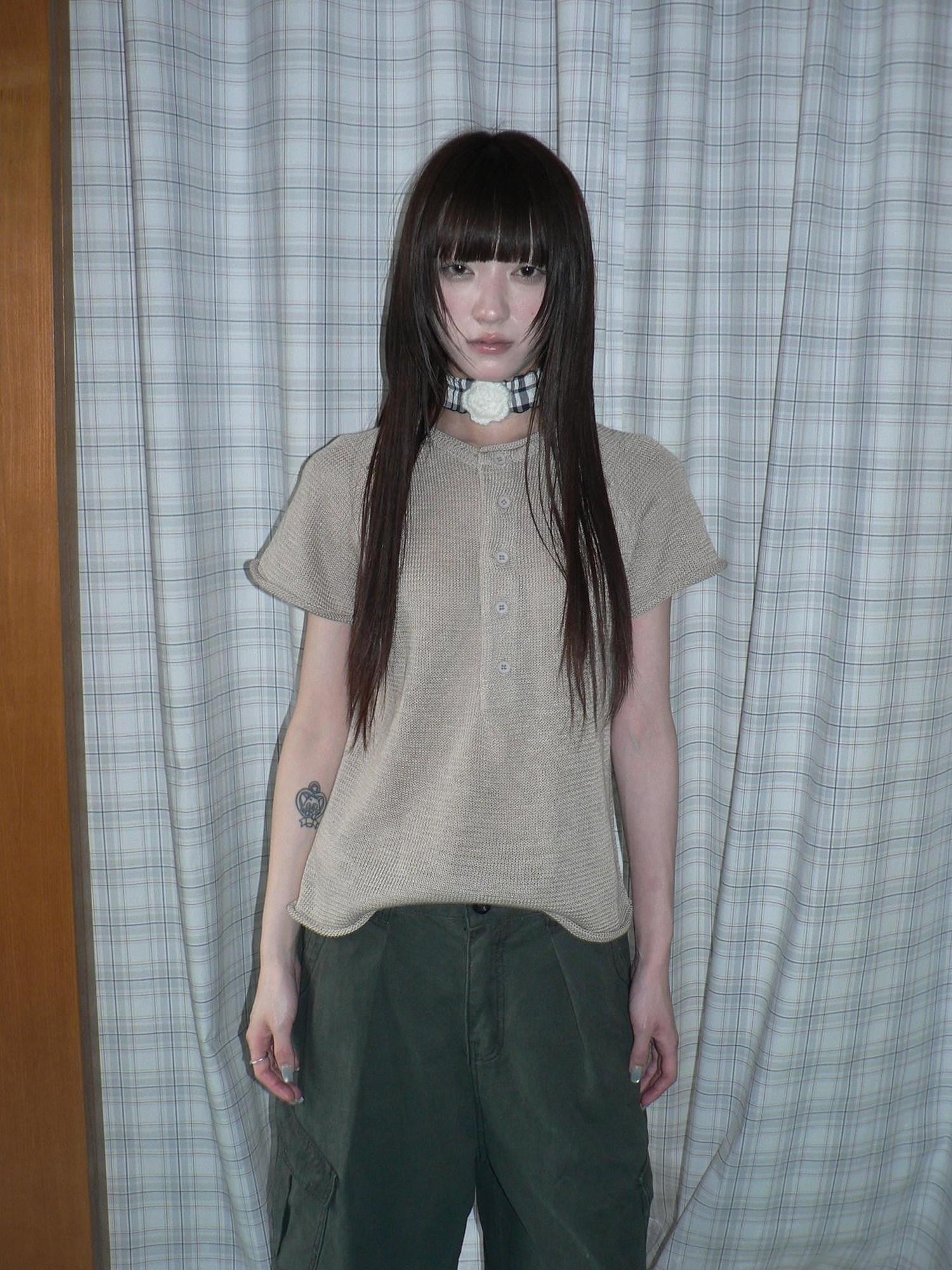 ang project Semi Sheer Openwork Cutout Half Button Short Sleeve Women&