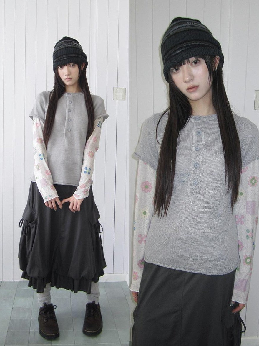 ang project Semi Sheer Openwork Cutout Half Button Short Sleeve Women&
