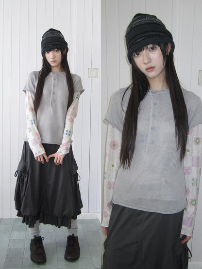 ang project Semi Sheer Openwork Cutout Half Button Short Sleeve Women&