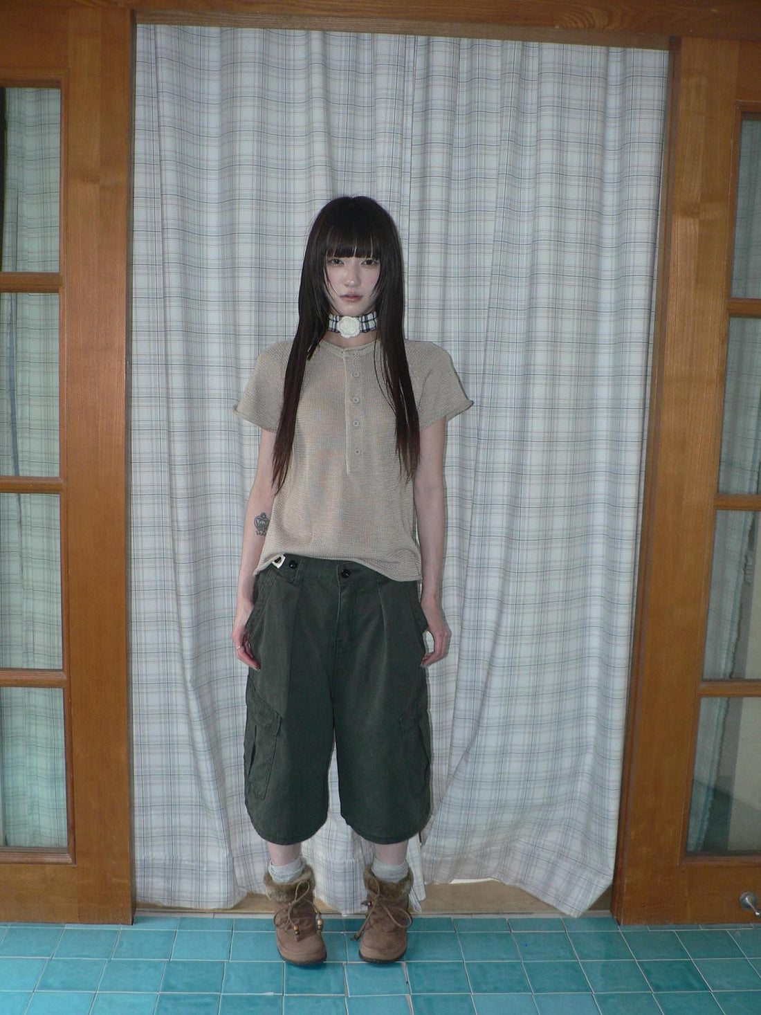 ang project Semi Sheer Openwork Cutout Half Button Short Sleeve Women&