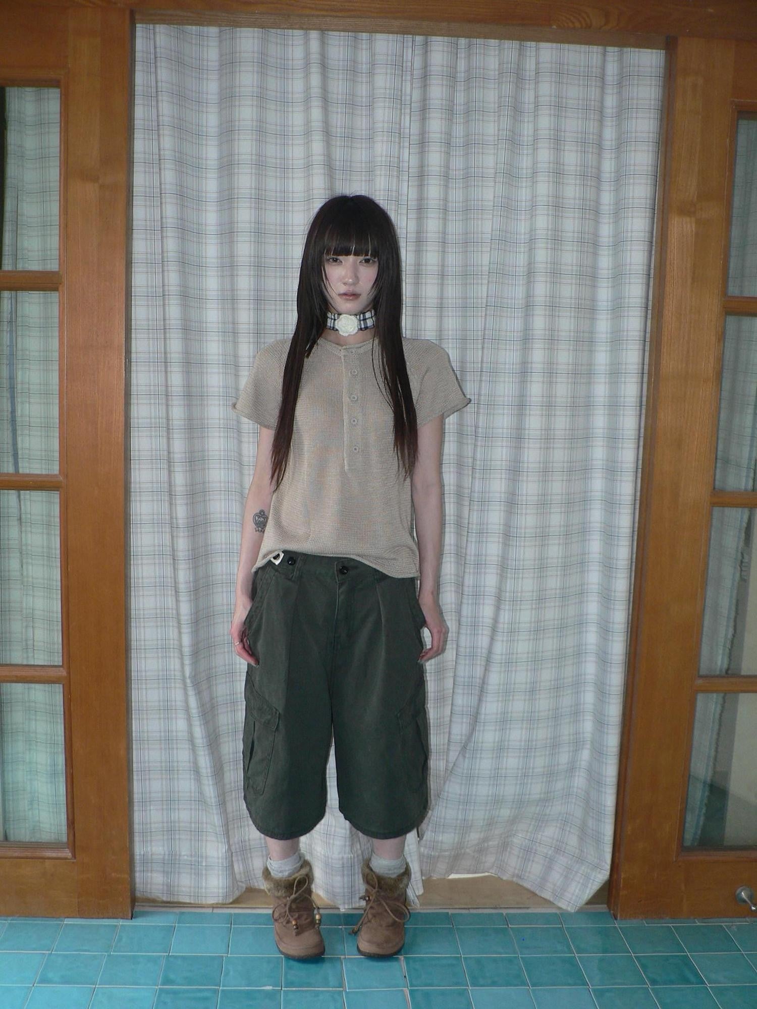 ang project Semi Sheer Openwork Cutout Half Button Short Sleeve Women&