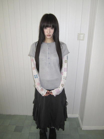ang project Semi Sheer Openwork Cutout Half Button Short Sleeve Women&