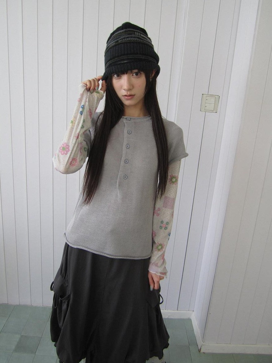 ang project Semi Sheer Openwork Cutout Half Button Short Sleeve Women&