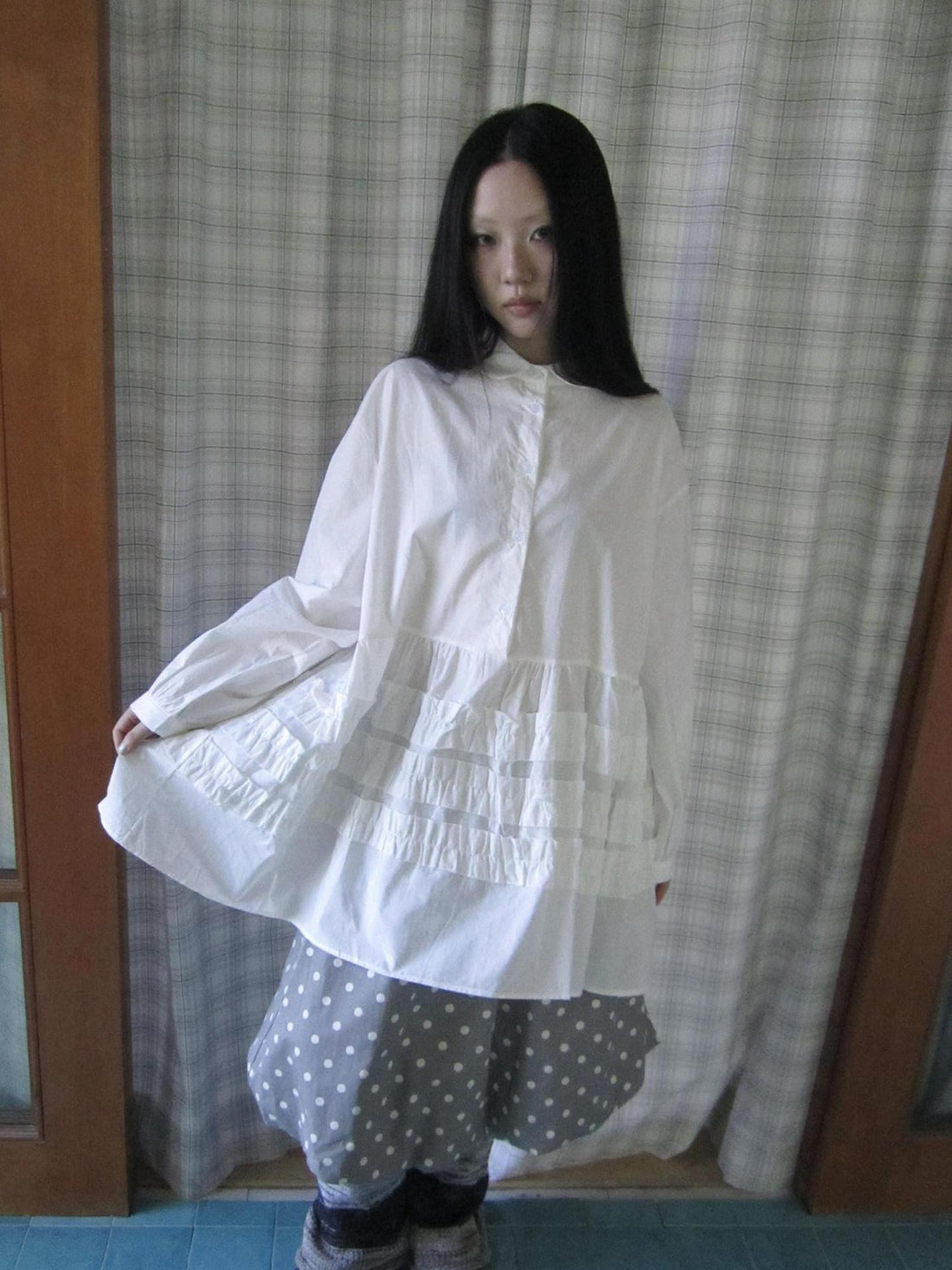 ang project Semi Sheer Spliced Ruffle Polo Collar Women&