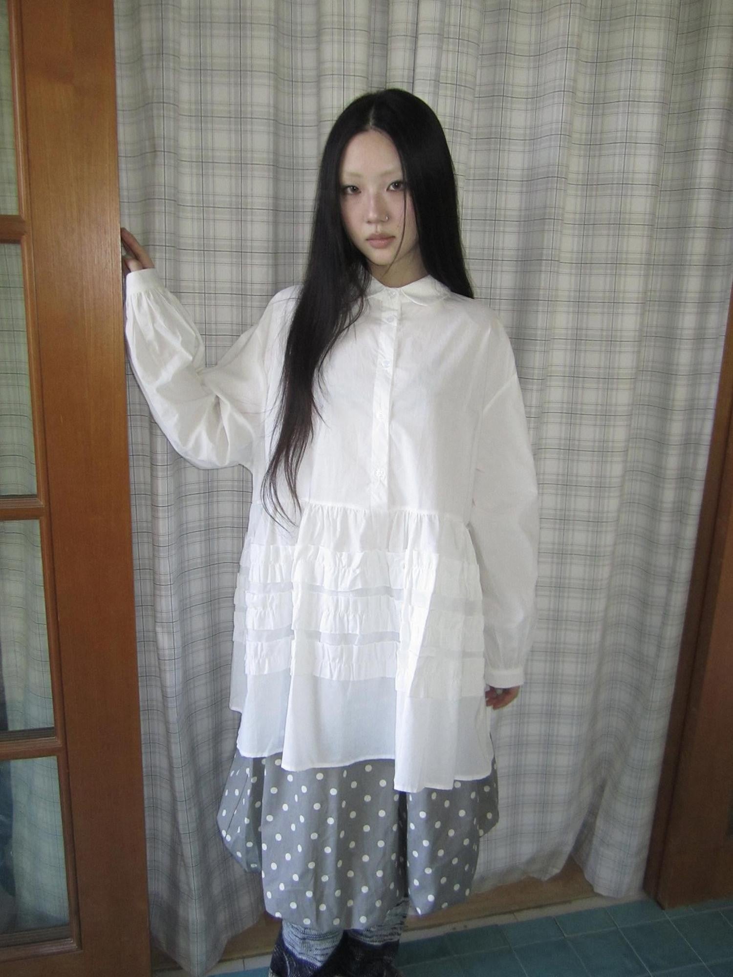 ang project Semi Sheer Spliced Ruffle Polo Collar Women&