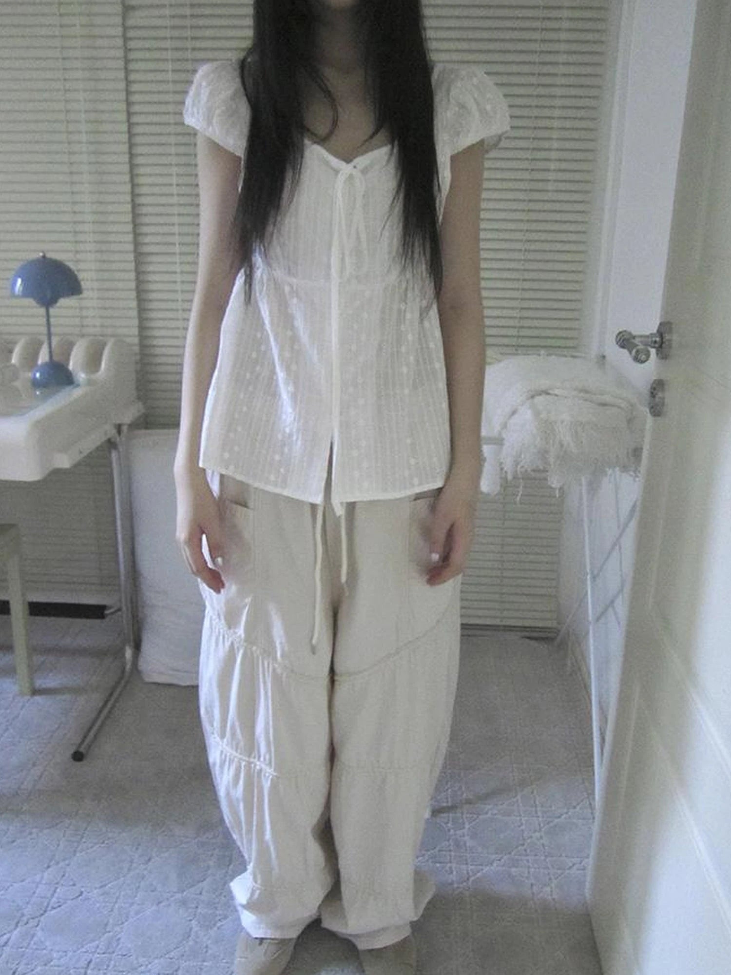 Sheer Embroidered V-Neck Tie Front Bubble Sleeve Blouse