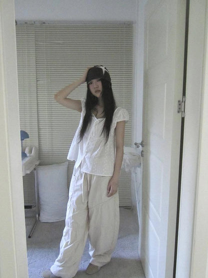 Sheer Embroidered V-Neck Tie Front Bubble Sleeve Blouse