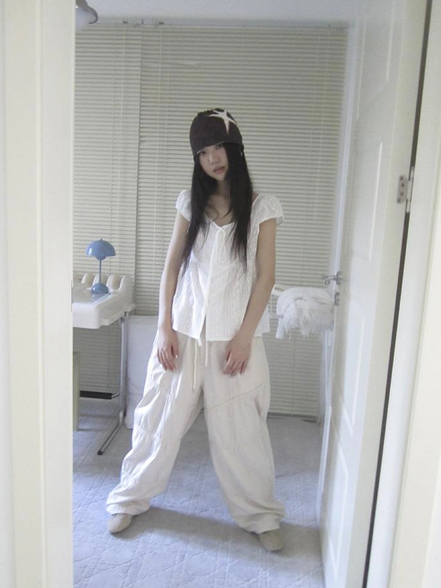 Sheer Embroidered V-Neck Tie Front Bubble Sleeve Blouse