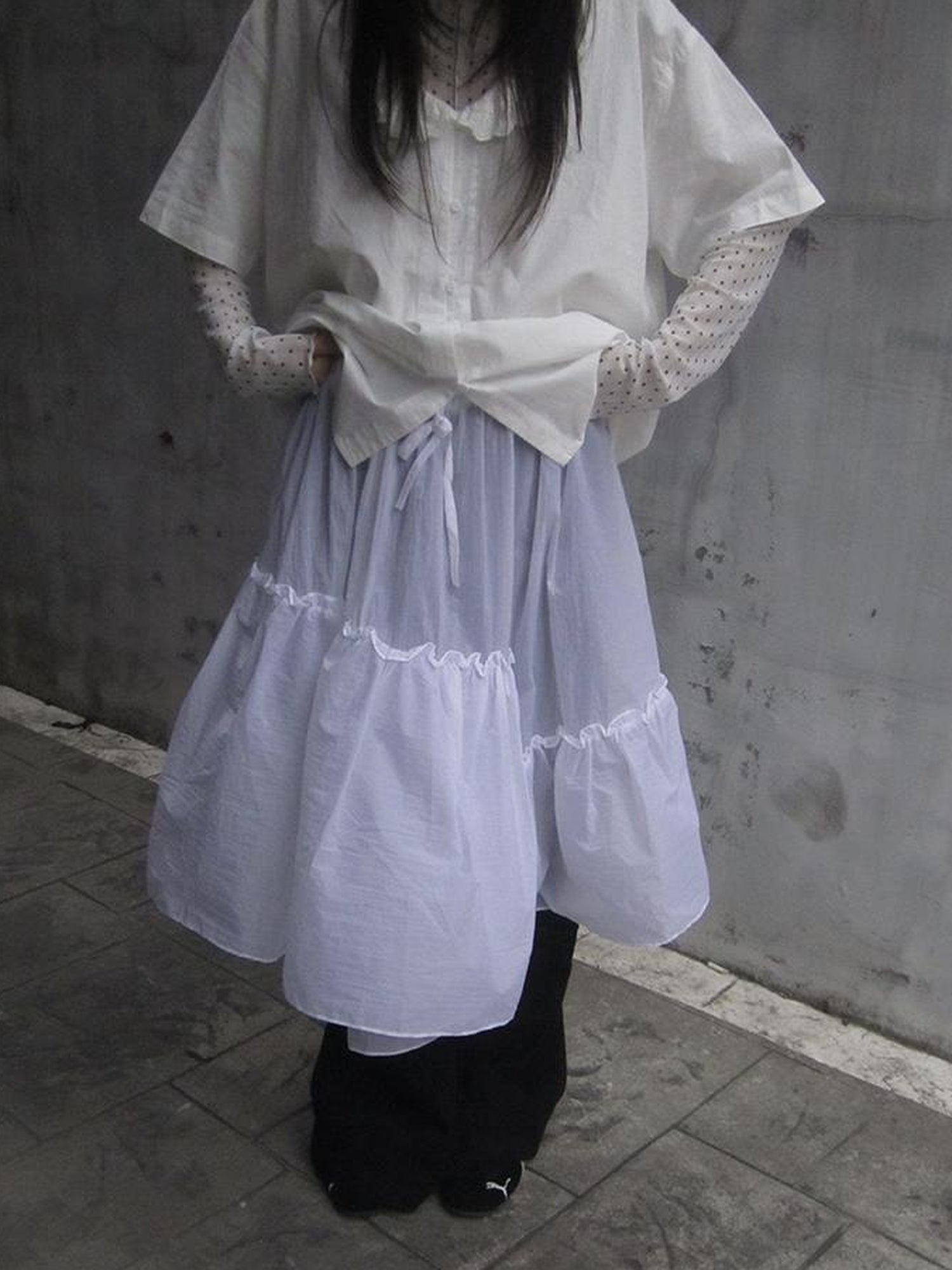 ang project Sheer Layered Ruffle Tie Waist Skirt