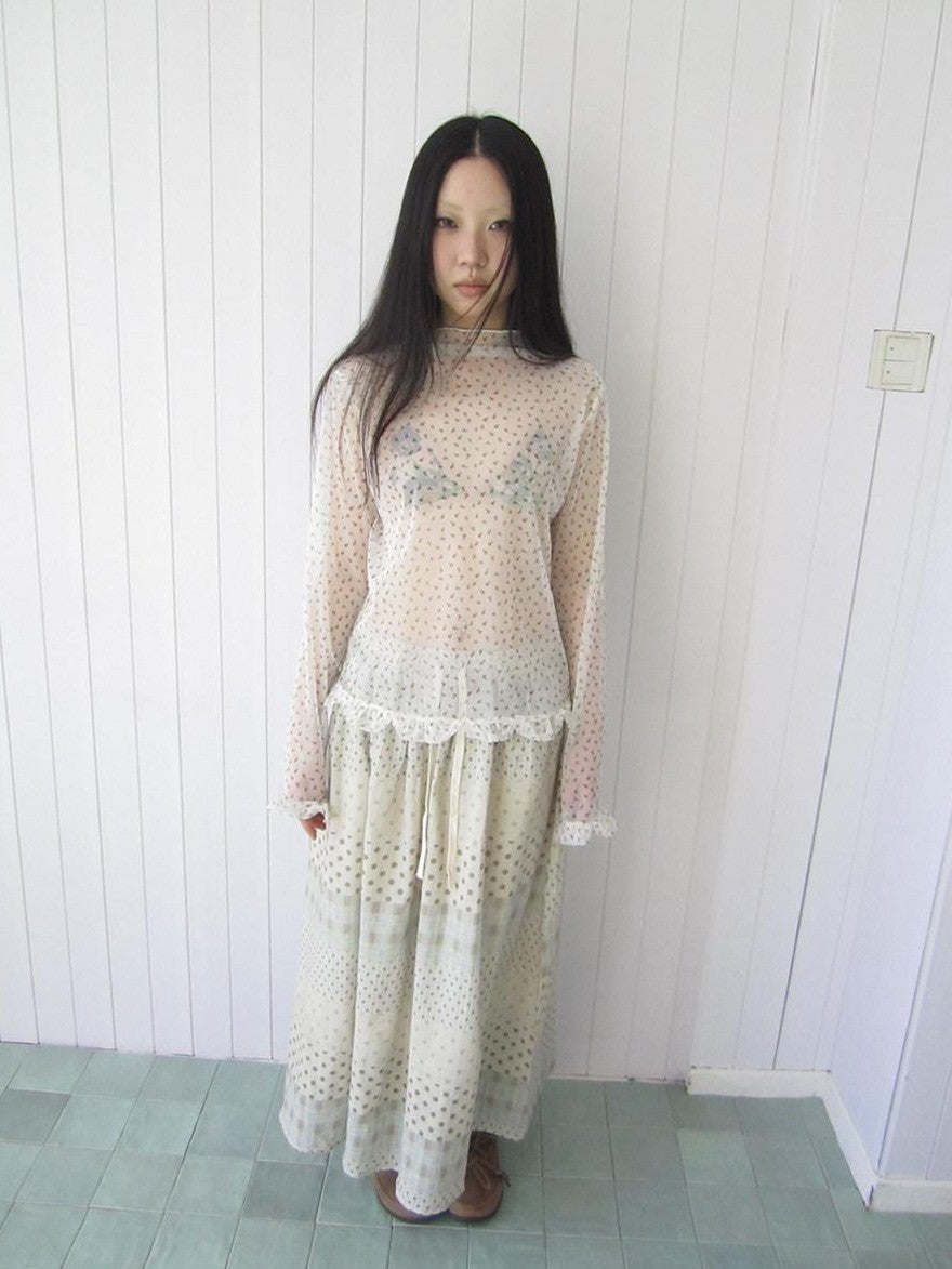 ang project Sheer Mesh Lace Trim Floral Print Semi High Neck Women&