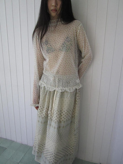 ang project Sheer Mesh Lace Trim Floral Print Semi High Neck Women&