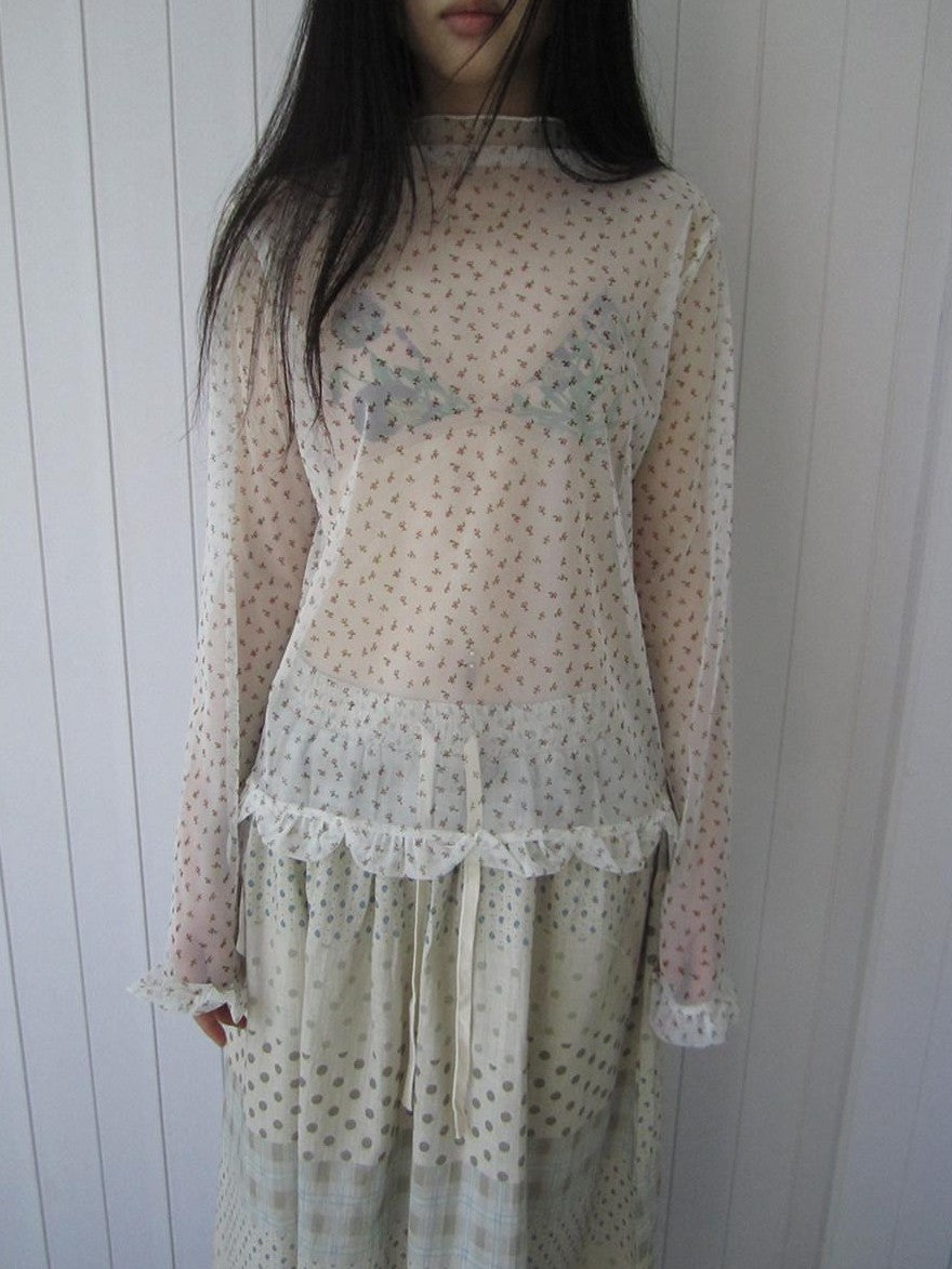 ang project Sheer Mesh Lace Trim Floral Print Semi High Neck Women&