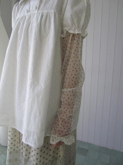 ang project Sheer Mesh Lace Trim Floral Print Semi High Neck Women&