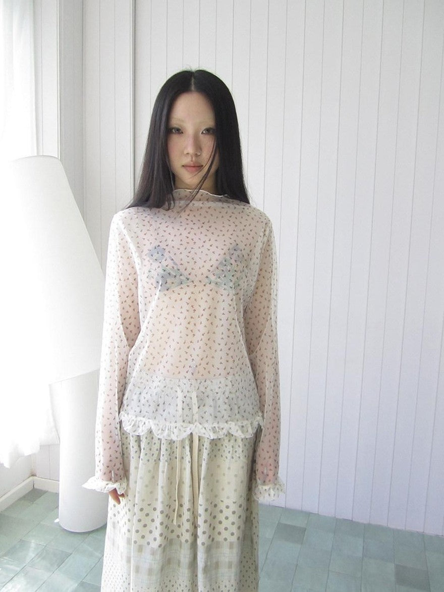ang project Sheer Mesh Lace Trim Floral Print Semi High Neck Women&