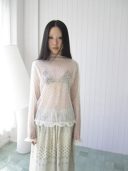 ang project Sheer Mesh Lace Trim Floral Print Semi High Neck Women&