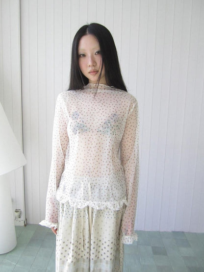 ang project Sheer Mesh Lace Trim Floral Print Semi High Neck Women&