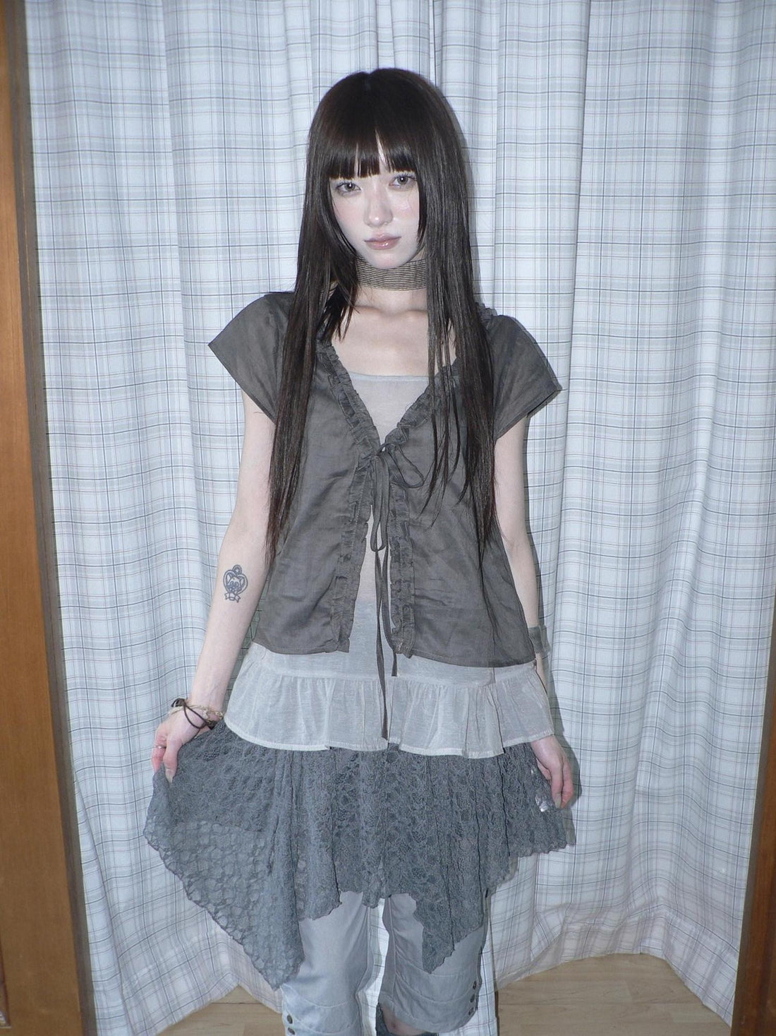 ang project Sheer Ruffle Patchwork Faux Two Piece Tie Korean Women&
