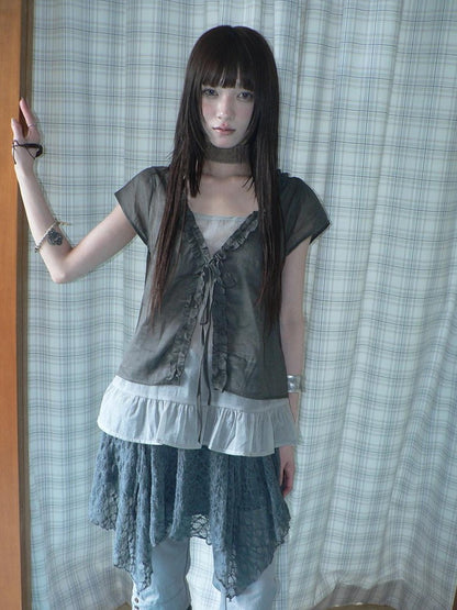 ang project Sheer Ruffle Patchwork Faux Two Piece Tie Korean Women&
