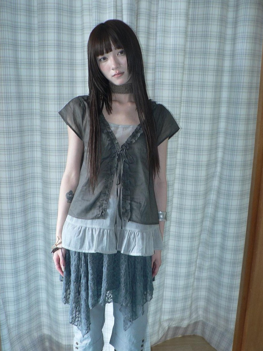 ang project Sheer Ruffle Patchwork Faux Two Piece Tie Korean Women&