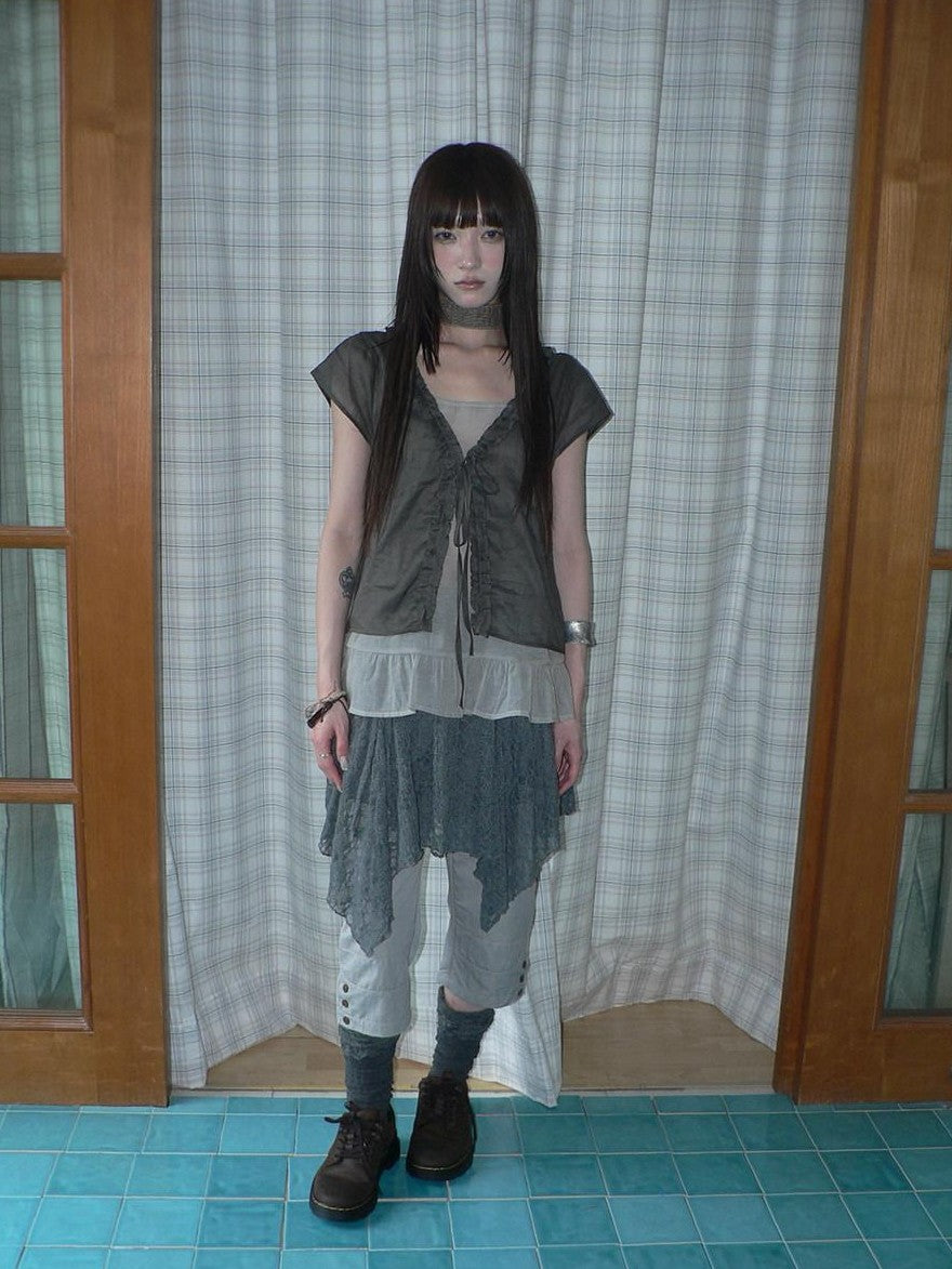 ang project Sheer Ruffle Patchwork Faux Two Piece Tie Korean Women&