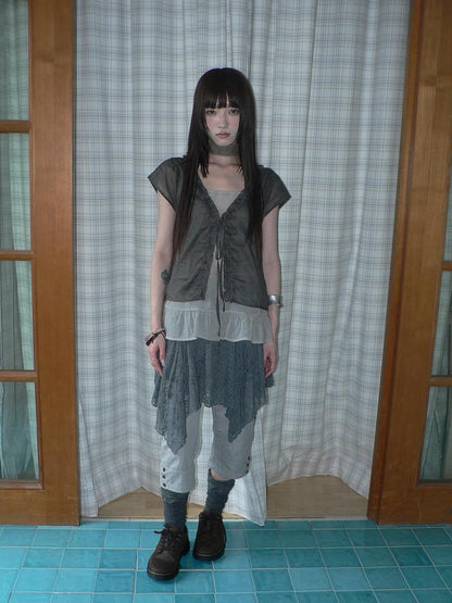 ang project Sheer Ruffle Patchwork Faux Two Piece Tie Korean Women&