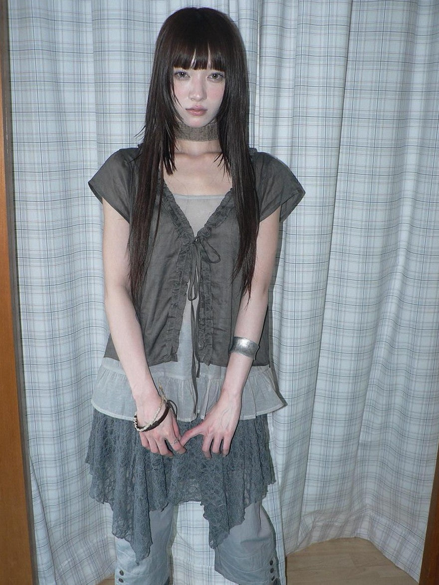 ang project Sheer Ruffle Patchwork Faux Two Piece Tie Korean Women&