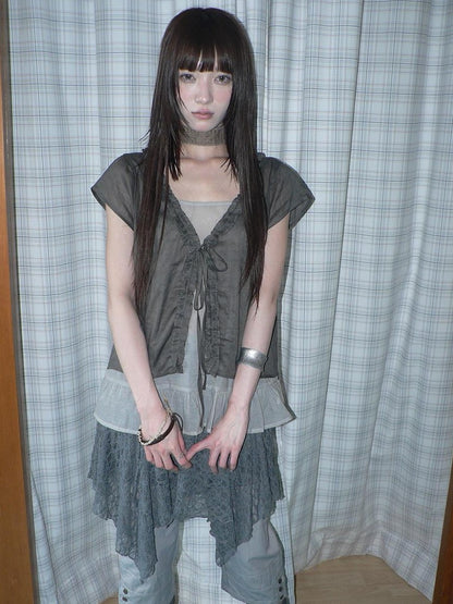 ang project Sheer Ruffle Patchwork Faux Two Piece Tie Korean Women&