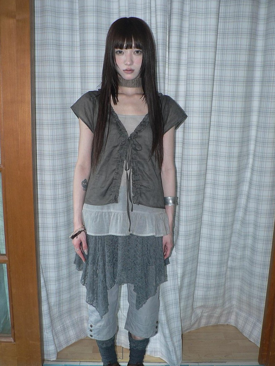 ang project Sheer Ruffle Patchwork Faux Two Piece Tie Korean Women&