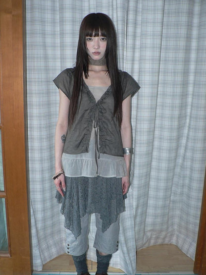 ang project Sheer Ruffle Patchwork Faux Two Piece Tie Korean Women&