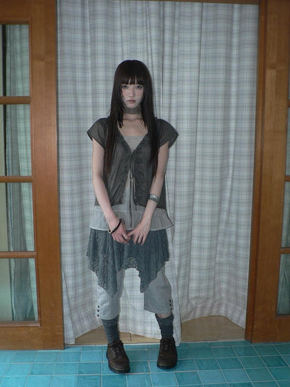 ang project Sheer Ruffle Patchwork Faux Two Piece Tie Korean Women&