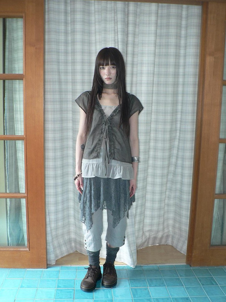 ang project Sheer Ruffle Patchwork Faux Two Piece Tie Korean Women&