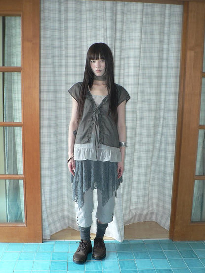ang project Sheer Ruffle Patchwork Faux Two Piece Tie Korean Women&