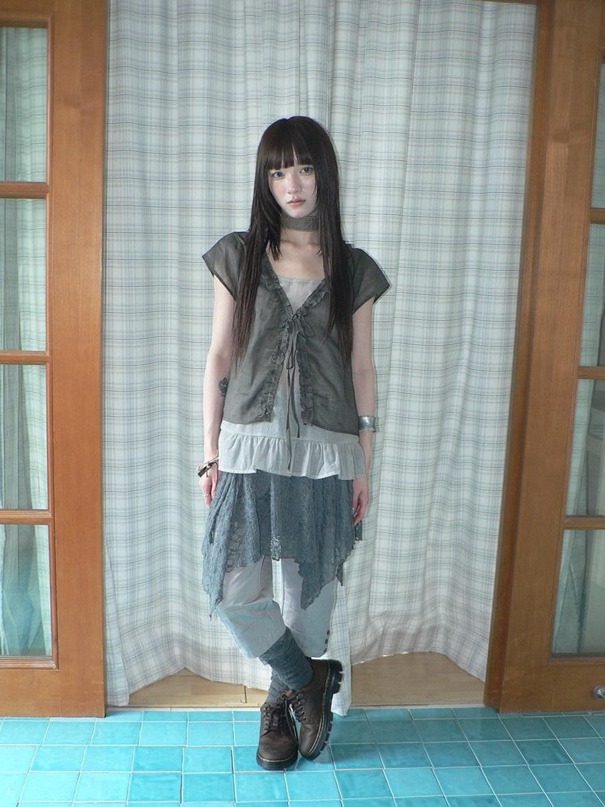 ang project Sheer Ruffle Patchwork Faux Two Piece Tie Korean Women&