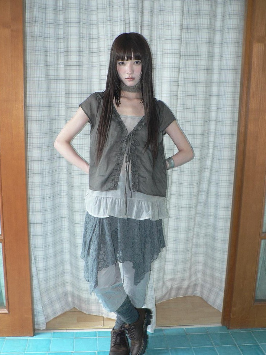 ang project Sheer Ruffle Patchwork Faux Two Piece Tie Korean Women&