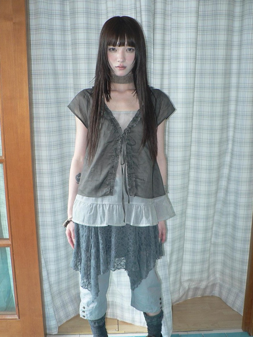 ang project Sheer Ruffle Patchwork Faux Two Piece Tie Korean Women&